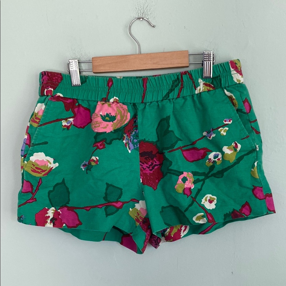 J. Crew Women’s Green & Pink Floral Shorts Linen and Cotton with Pockets Size 8